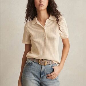Reiss Brand New- Open-Knit Polo Short Sleeve Top
